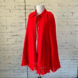 Vintage 60s Collared Red Knit Poncho with Fringe